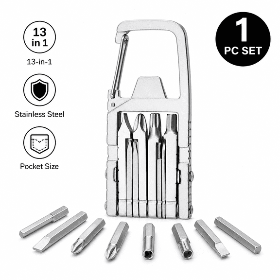 13-in-1 Pocket Multi Tool Carabiner Keychain Screwdriver, Silver, 1-PC