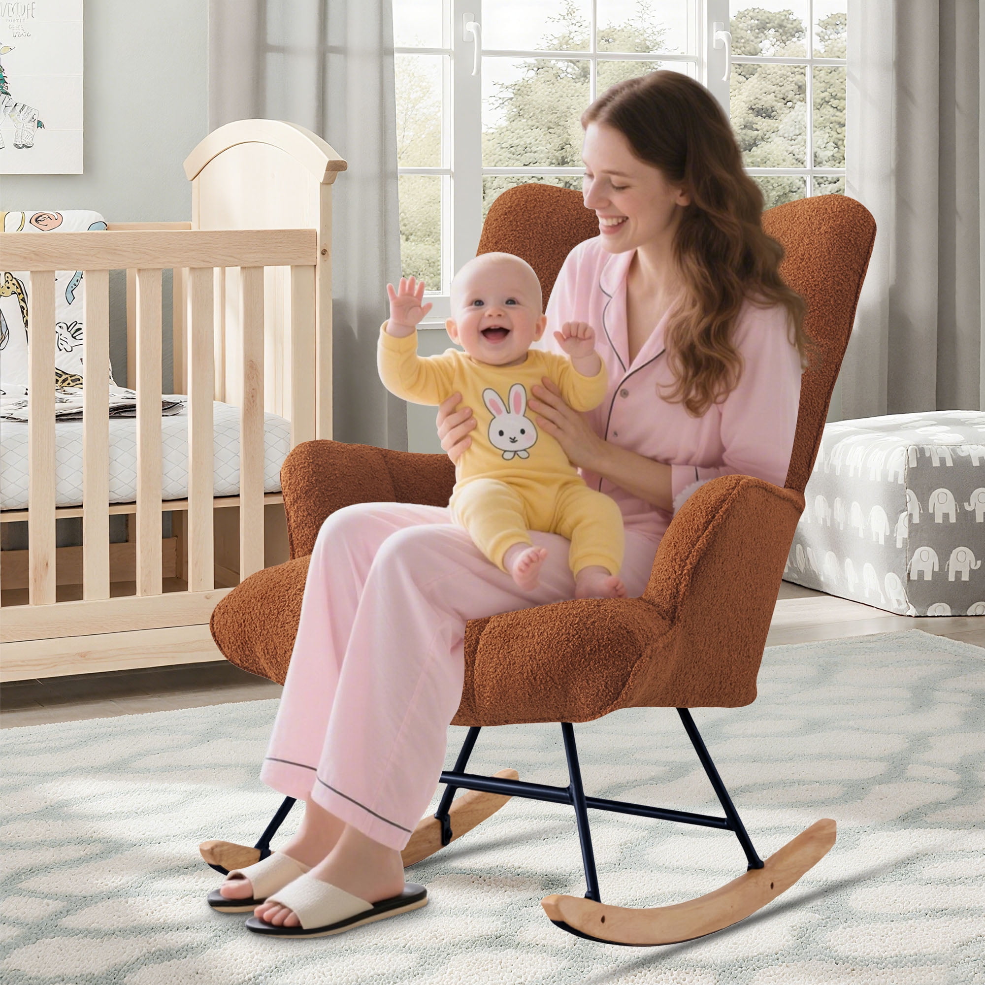 Nursery Rocking Chair Teddy, Upholstered Glider Rocker with High Backrest, Comfortable Stylish Accent Armchair with Padded Seat for Living Rooms, Bedrooms, Brown