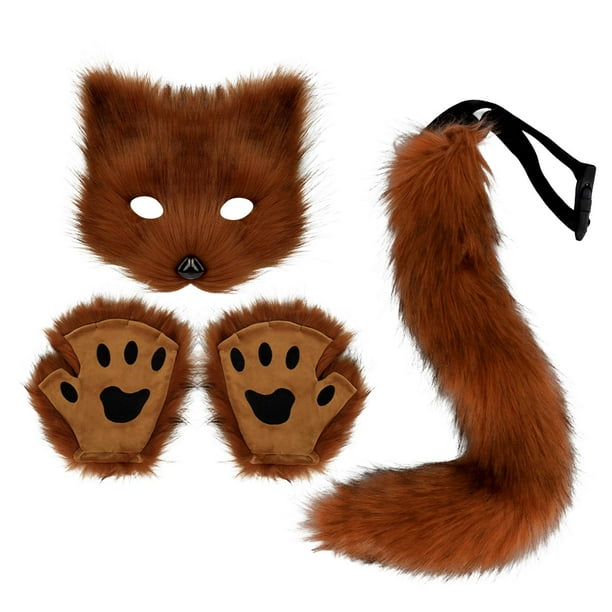 Conjunto de guantes con cola de animal y máscara de Therian, para accesorios fotográficos de representaciones teatrales marrón
