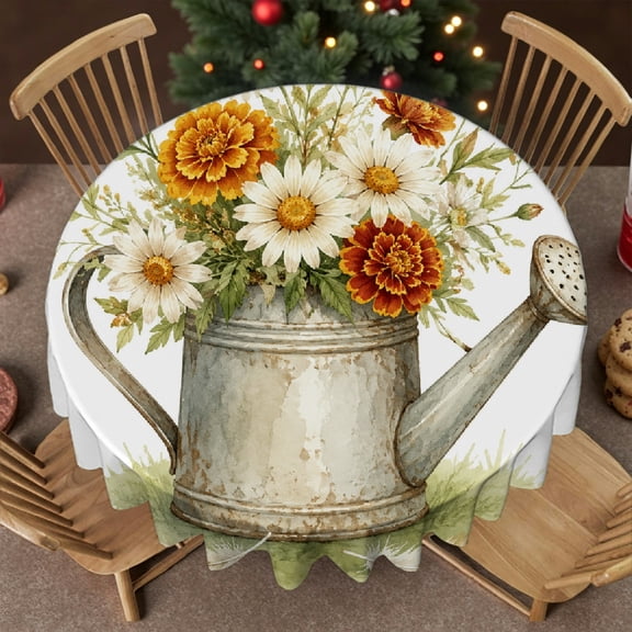 RKSupls 60 Inch Daisies And Marigolds In Watering Can Polyester Round Table Cover, Machine-Made - Festive Round Table Setting Round Tablecloth, Wedding, Party, Holiday, Home Dining