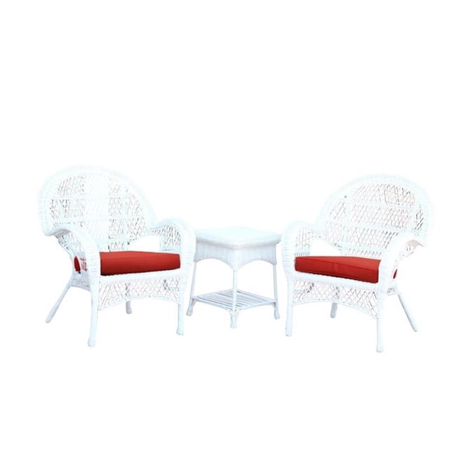 Jeco Ensemble de Conversation en Osier 3 Pcs, Blanc, avec Coussins Rouges