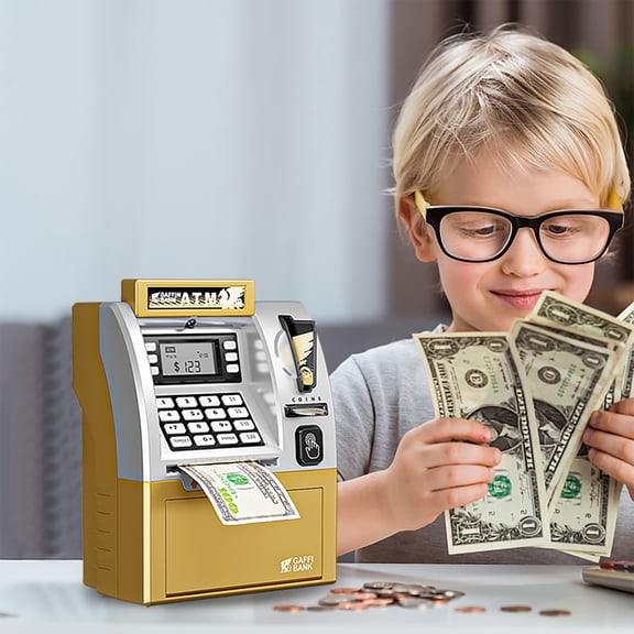 Goowood ATM Piggy Bank for Kids Real Money Digital Electronic Saving Machine with Debit Card Bill Feeder Recognition and Password Lock Case
