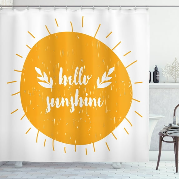 Hello Sunshine Shower Curtain, Autumn Season Harvest Theme Calligraphic Design on Doodle Sun Monochrome, Fabric Bathroom Set with Hooks, 69W X 75L Inches Long, Orange White, by Ambesonne