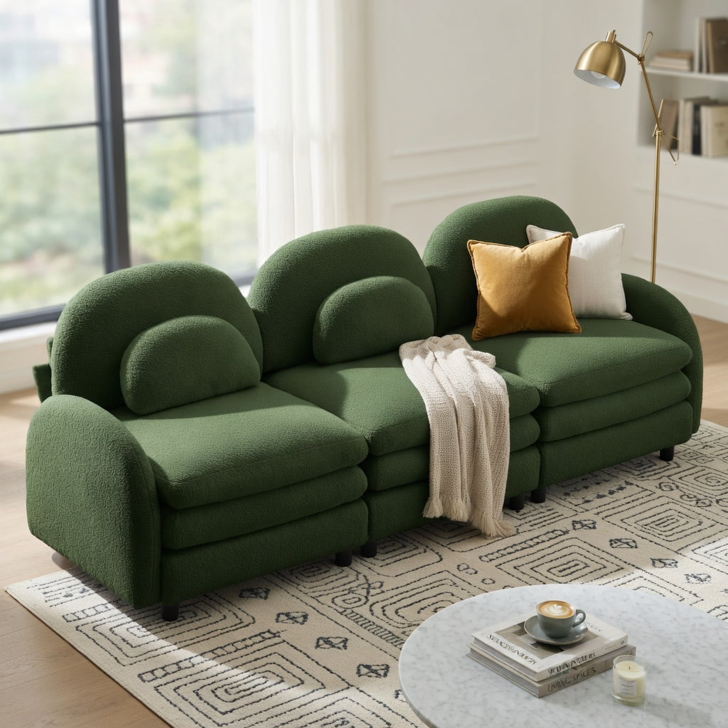 Hommoo Teddy Fleece Modular 3-Seat Sofa, Cloud-Like Comfort, Curved Backrest & Armrest, Double-Layer Cushioning, Lumbar Support Pillows, Green