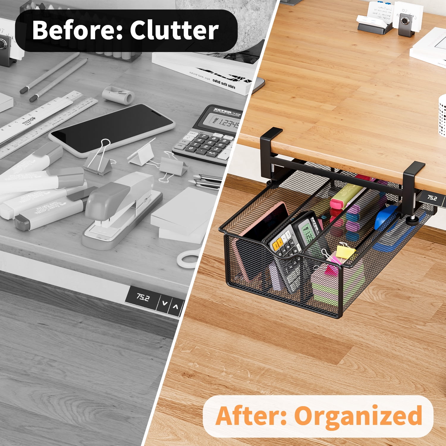 Mintazer Under Desk Drawer Clamp-On Mesh Metal Under Table Storage Organizer Slide Out Caddy with 3 Compartments for Home & Office Essentials, Black