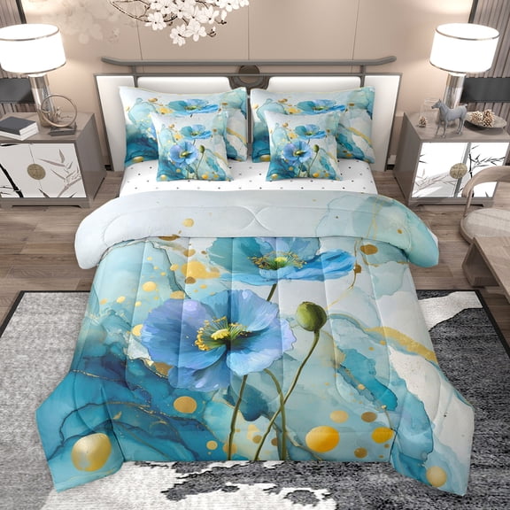 Homewish Blue Flower Floral Twin Bedding Sets 7-Piece for Women, Fashion Marble Artwork Bedding Comforter Set, Splash Watercolor Reversible Sheet Sets, Luxury Bedroom Decor