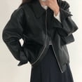thumbnail image 4 of Women Jacket Faux Leather Smooth Surface Turn-down Collar Zipper Closure Stretchy Hem Long Sleeves Motorcycle Coat Travel Outerwear, 4 of 7