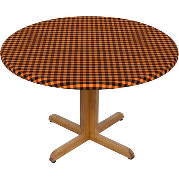 Round Fitted Tablecloth 44 Inch, Halloween Orange Gingham Round Fitted Tablecolth Elastic Stretch Tablecloth Washable Table Cloths Polyester Table Cover for Dining, Party, Buffet, Wedding