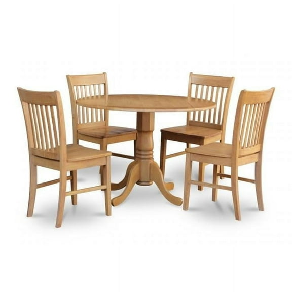 East West Furniture DLNO5-OAK-W 5PC Kitchen Round Table with 2 Drop Leaves and 4 Slatted-back Chairs with Wood Seat