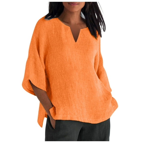Womens T Shirts Classic Version Of Cotton 3/4 Sleeve Crewneck Loose Printed Shirt Orange Lightweight Dressy Blouse Shirts XL