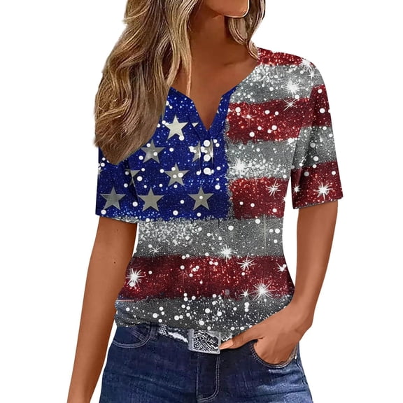 lcziwo American Flag Tshirt Women Short Sleeve V Enck Buttons Shirts Vintage Patriotic Graphic Print Shirts 4th of July Red White and Blue Tees Multicolor,XXL