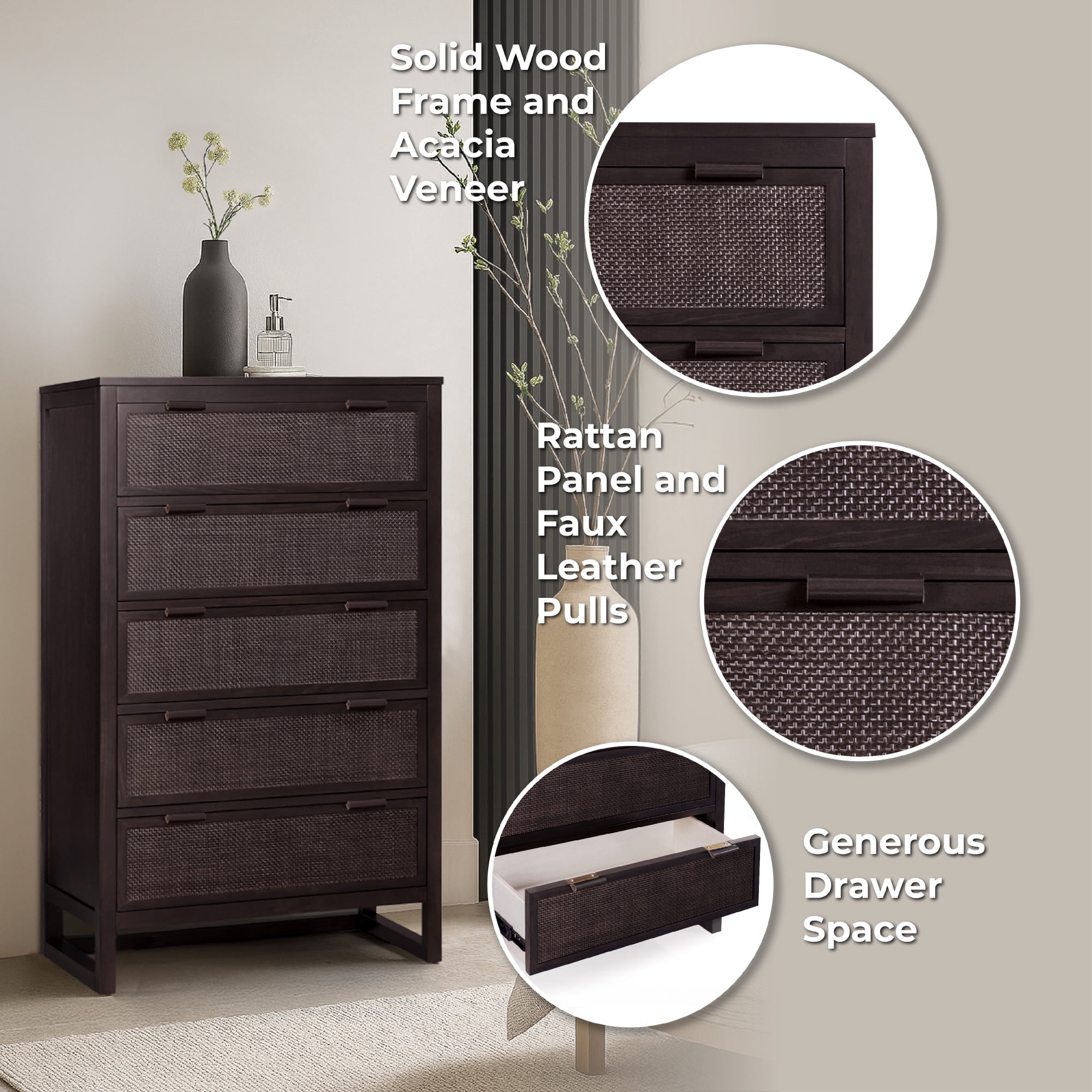 Hatteras Dresser with 5 Rattan Inlay Drawers, Espresso – Teamson Home: Wide & Deep Storage with Coastal Modern Style