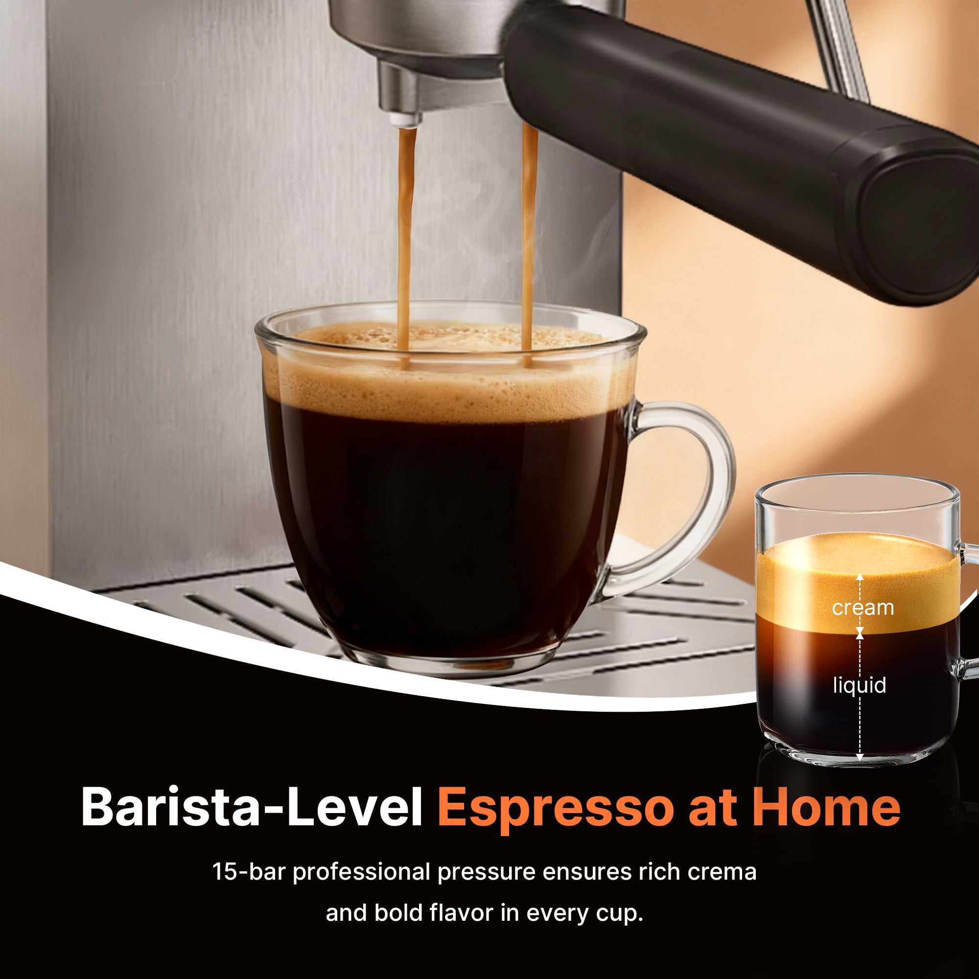 Espresso Machine 15 Bar, Espresso Coffee Maker with Milk Frother and Hot Water, 47 Oz Removable Water Tank and Brew Pressure Gauge for Office Home Kitchen