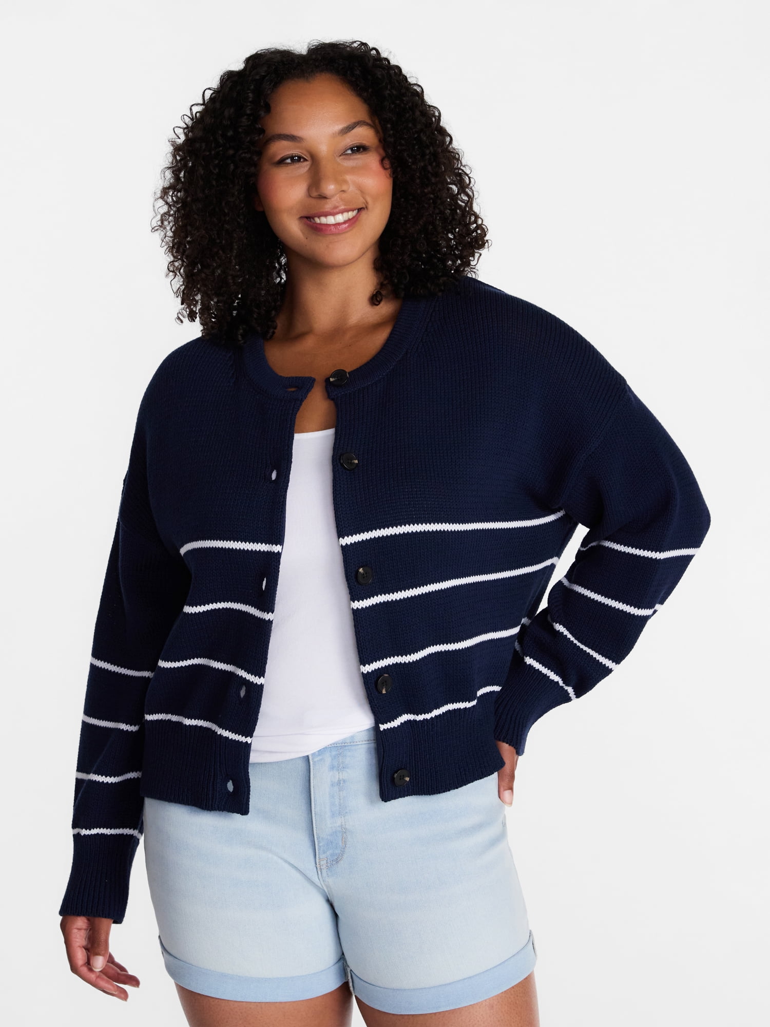 Time and Tru Women's Striped Cardigan Sweater with Long Sleeves, Sizes XS-XXXL