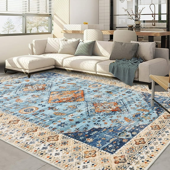Hasoo Area Rug 9' x 12' Vintage Distressed Medallion Floral Area Rug for Dining Room Washable Soft Indoor Floor Carpet, Blue