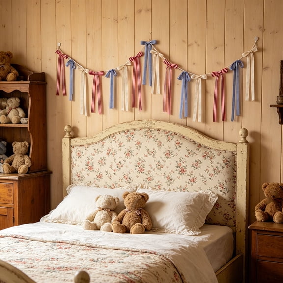Independence Day Fabric Bow Ribbon Streamer Banner, Patriotic 4th of July Holiday Party Decorations, Red White Blue Bunting for Venue Setup