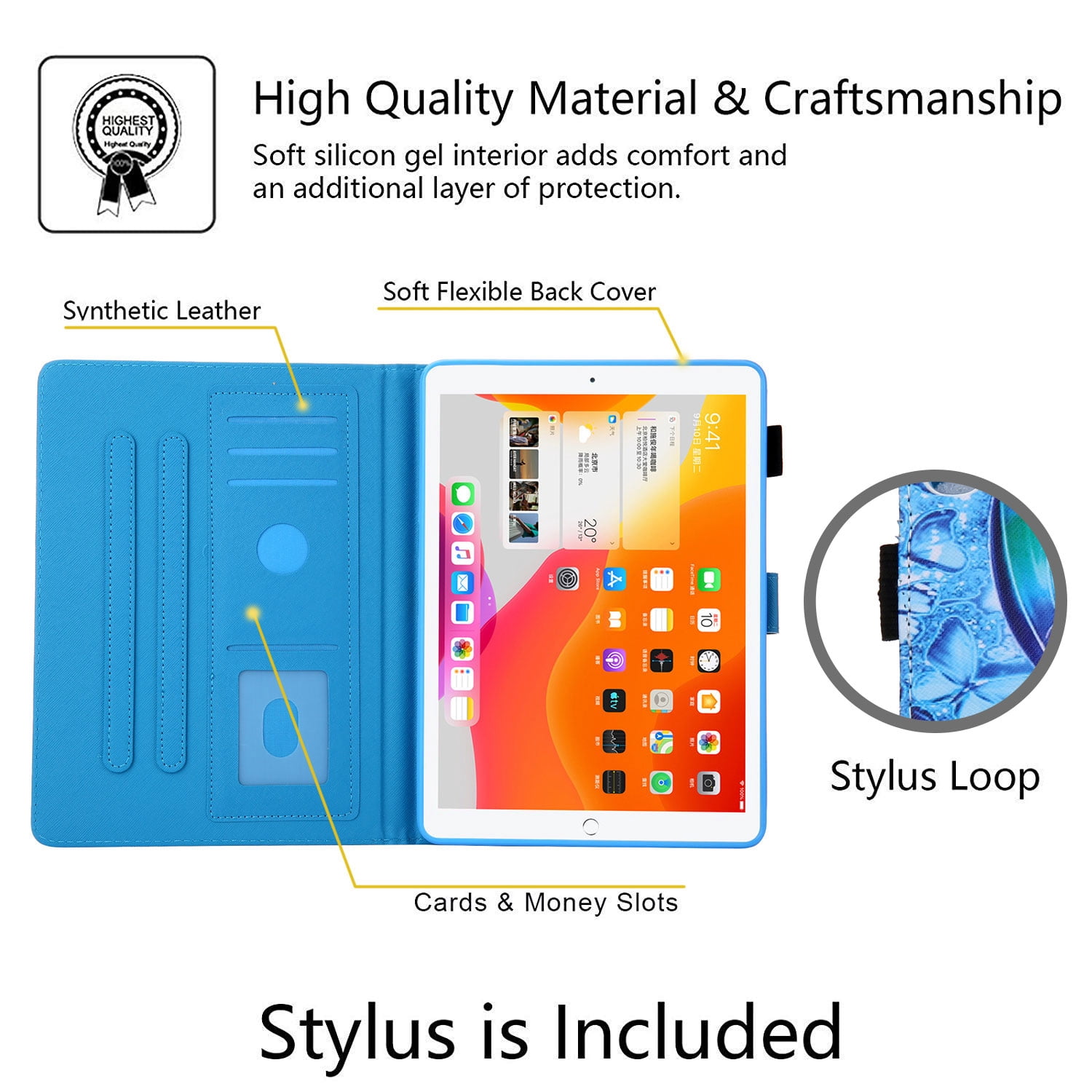 iPad 9.7 6th 5th Case, iPad 9.7 Case with Pencil Holder, Allytech PU Leather Slim Shockproof Auto Sleep Wake Kickstand TPU Back Cover Casef for Apple iPad 9.7 2018/2017, iPad Air 1 2,Butterfly
