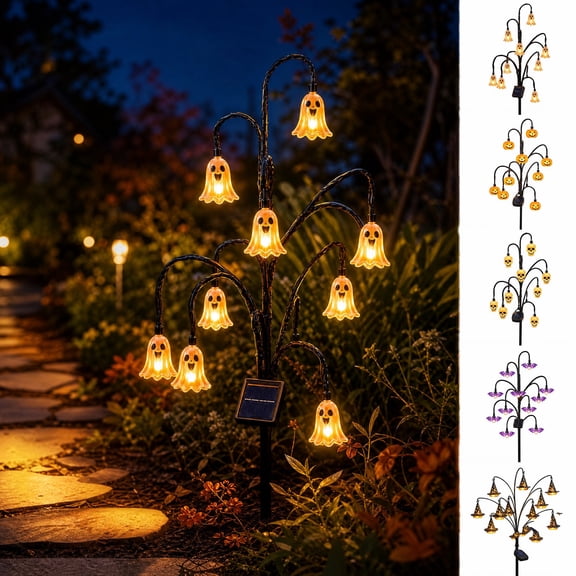 Waterproof Solar Halloween Multi-Branch Stake Lights, Ghost Pumpkin Garden Pathway Lights, Outdoor Decorative LED Lamp for Yard, Walkway, Patio, Lawn & Holiday Display, D