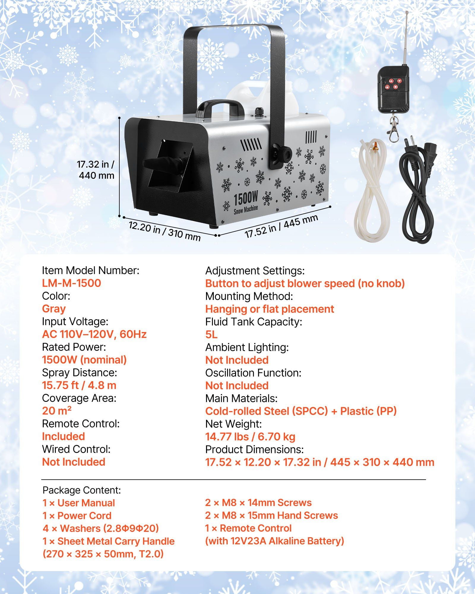 Snow Machine, 1500W Handheld/Hanging Snow Maker By Wireless Remote Control, Portable Snowmaking Machine, High Output Snowflake Maker with 5L Tank for Christmas Party Wedding Stage Effects