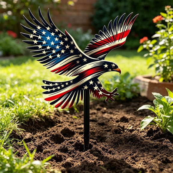 Independence Day Decorations Outdoor Patriotic Wrought Iron Statue Eagle Garden Decor for Yard Lawn Made of Powder Coated Rust Resistant Iron, Vintage Distressed Finish, 11.81x10.1x0.11 Inches