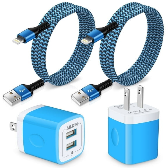 Clearance AILKIN Compatible with iPhone Charger Fast Charging with 2Pack Usb A Light-ning Cables 6ft Cords 2.1A Dual Port Charger Blocks Compatible with iPhone 14/13/12/11,Blue