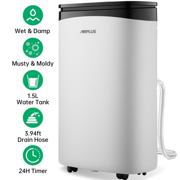 AIRPLUS 30 Pints Dehumidifier with Drain Hose, Covers Up to 2500 Sq. Ft Dehumidifier for Basement Home, DOE 7.54 Pints, White