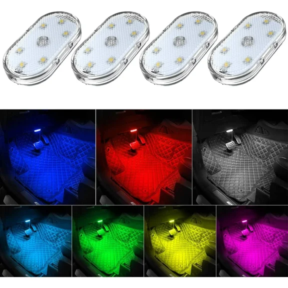 4Pcs Car LED Lights Interior Wireless, 7 Colors Interior Car Lights with 6 Bright LED Lamp Beads, Portable USB Rechargeable Car Interior Led Night Light for Car Decor