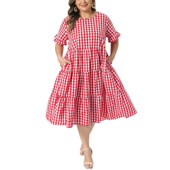 Agnes Orinda Women's Plus Size Easter Gingham Dresses Crew Neck Flared Short Sleeve Tiered Summer Casual Maxi A Line Dress with Pockets 2X Red