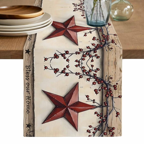 Red Texas Star Rustic Table Runner, Country Star Berries Wooden Washable Cotton Linen Table Runners 90 Inches Long, Dresser Scarf Runner for Dining/Coffee/Kitchen/Hallway Tables 13''x90''