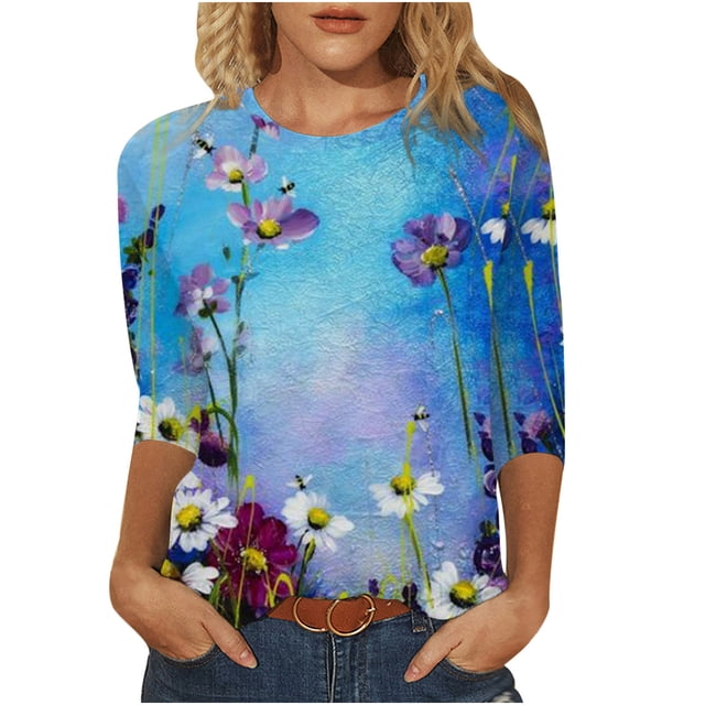 Moda mujer cuello redondo tres cuartos 3/4 manga camiseta otoño estampado blusa Tops sudadera Fridja FKASFK3031