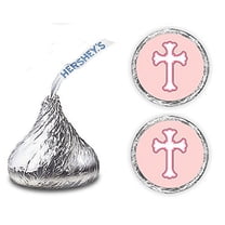 216 Pink Cross Kisses Stickers Labels - Cross for Baptism, Christening Decorations, Communion or Baby Shower, Kisses Labels Favors (Pink)