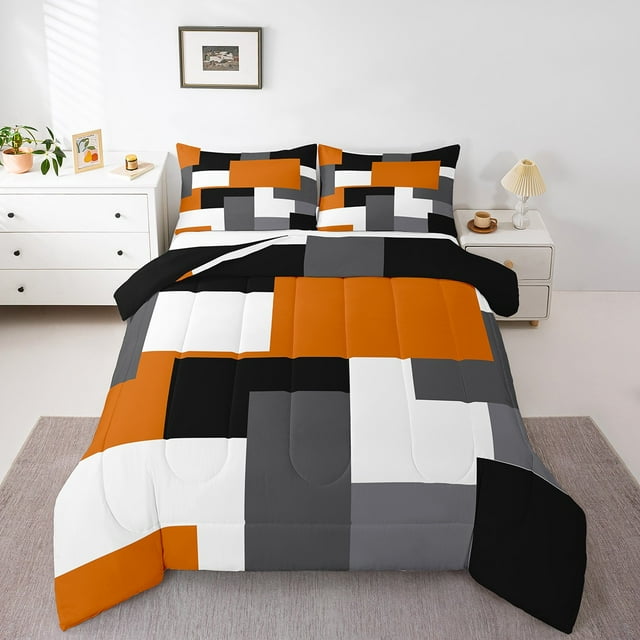 Erosebridal Orange Rectangle Comforter Sets Queen Size,Geometric Sqare Bedding Queen Comforter Set,Abstract Artwork Bedding Sets Queen with Comforter,Plaid Bedroom Decorative,Reversible,3 Pieces