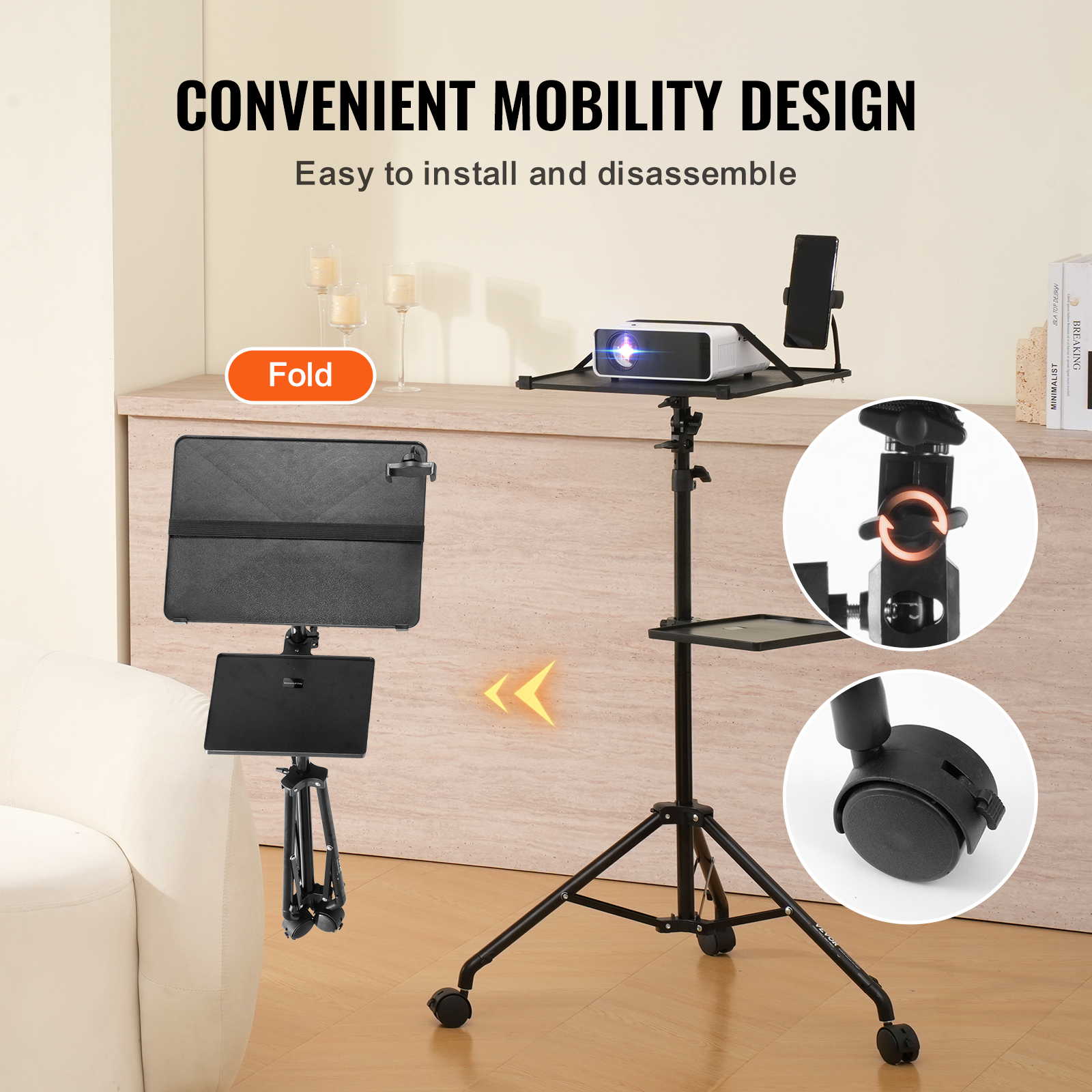 VEVOR Projector Stand with Wheels, Laptop Stand Tripod Adjustable Height from 31.3 to 67.3", Projector Tripod Stand with 2 Trays & Gooseneck Phone Holder, for Outdoor Movies, Home, Office or Studio