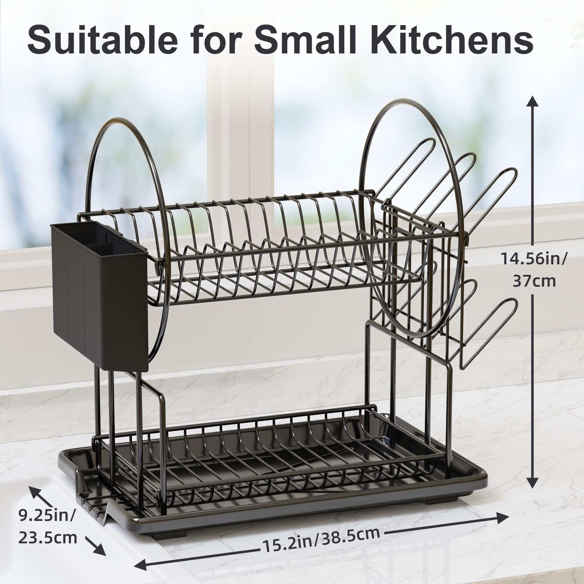 NIFFGAFF Dish Drying Rack, Black 2 Tier Dish Drainer Racks with Tray, Cup Utensil Holder for Kitchen (15*9.3*14.6 in)