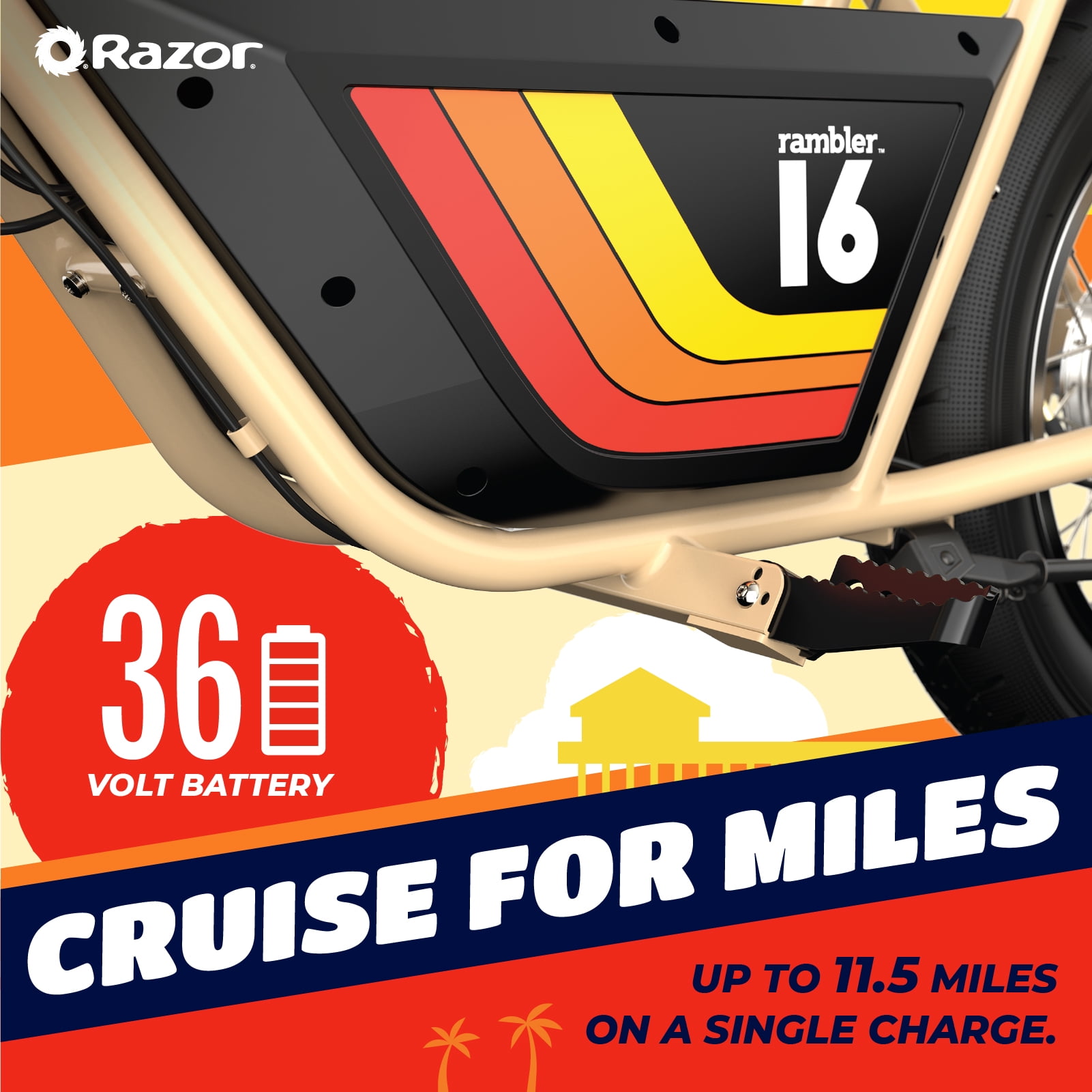 Razor Rambler 16 -Beige, 36V Seated Electric Scooter, up to 15.5 mph, Retro Style Minibike for Adult