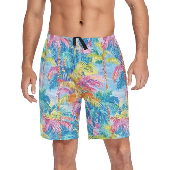 Men's Pajama Shorts Bottoms with Pockets Soft Lightweight Lounge Sleep Wear Vibrant Palm Trees