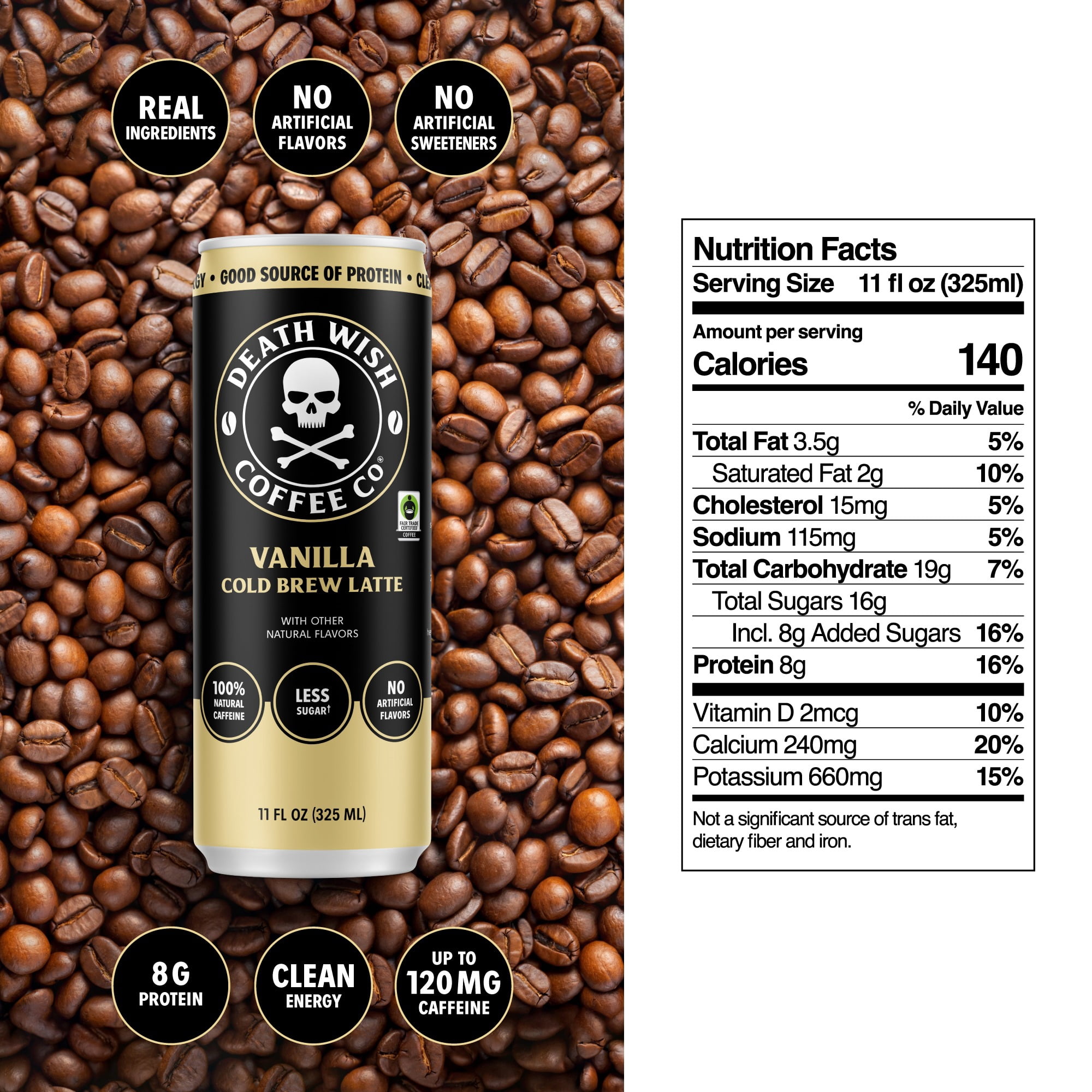 Death Wish Coffee Premium Vanilla Latte 11oz Can 12 Pack Cold Brew