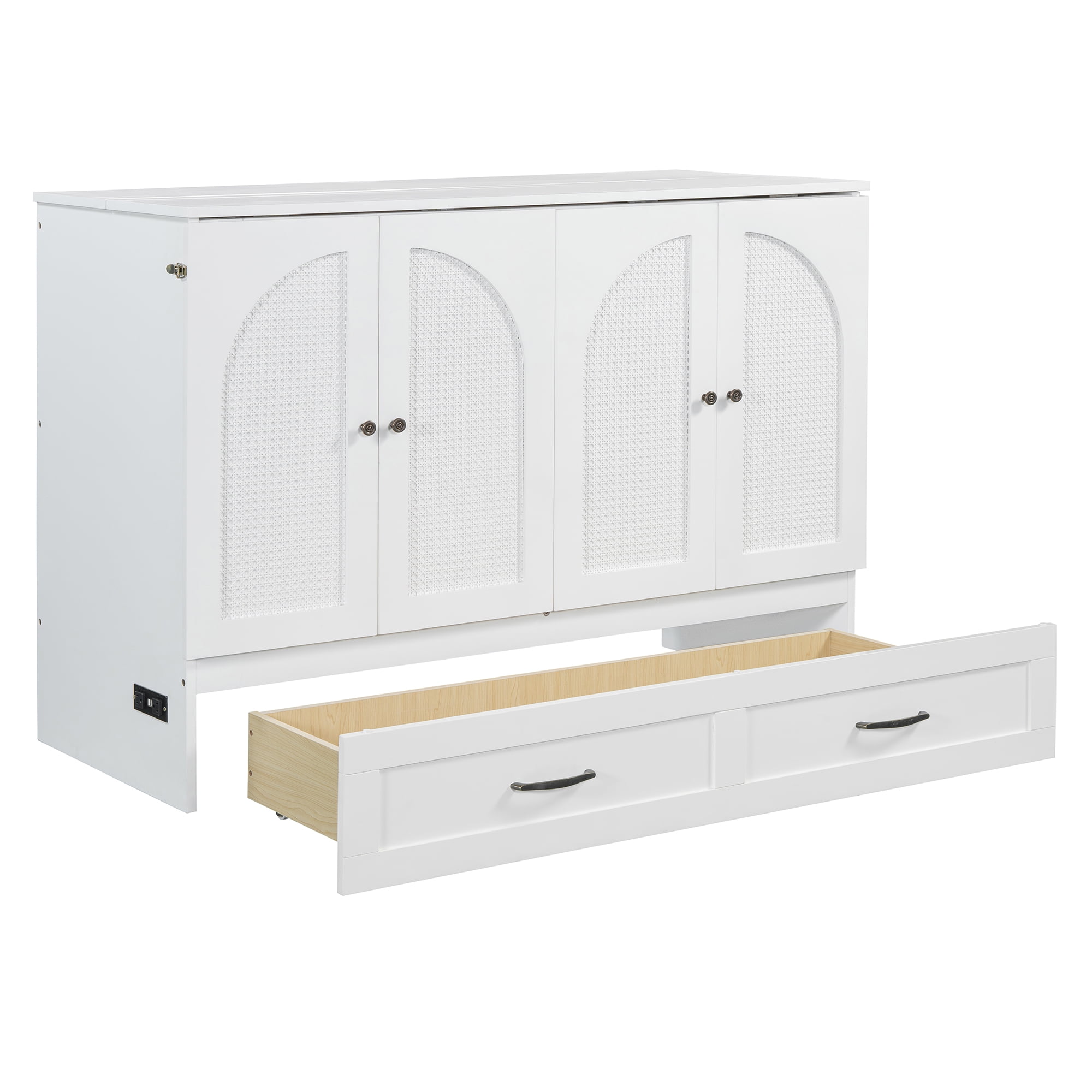 Harper & Bright Designs Rattan Full Size Murphy Bed, Wooden Full Murphy Bed Frame with Large Drawers, Folding Wall Chest Cabinet Bed for Guest Room, White