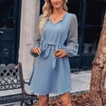 thumbnail image 5 of Gibobby Vestido de manga larga para mujer Vestido de moda e informal de color sólido con cuello en V y empalme en la cintura para mujer Ropa de otoño e invierno(Azul,M), 5 of 5