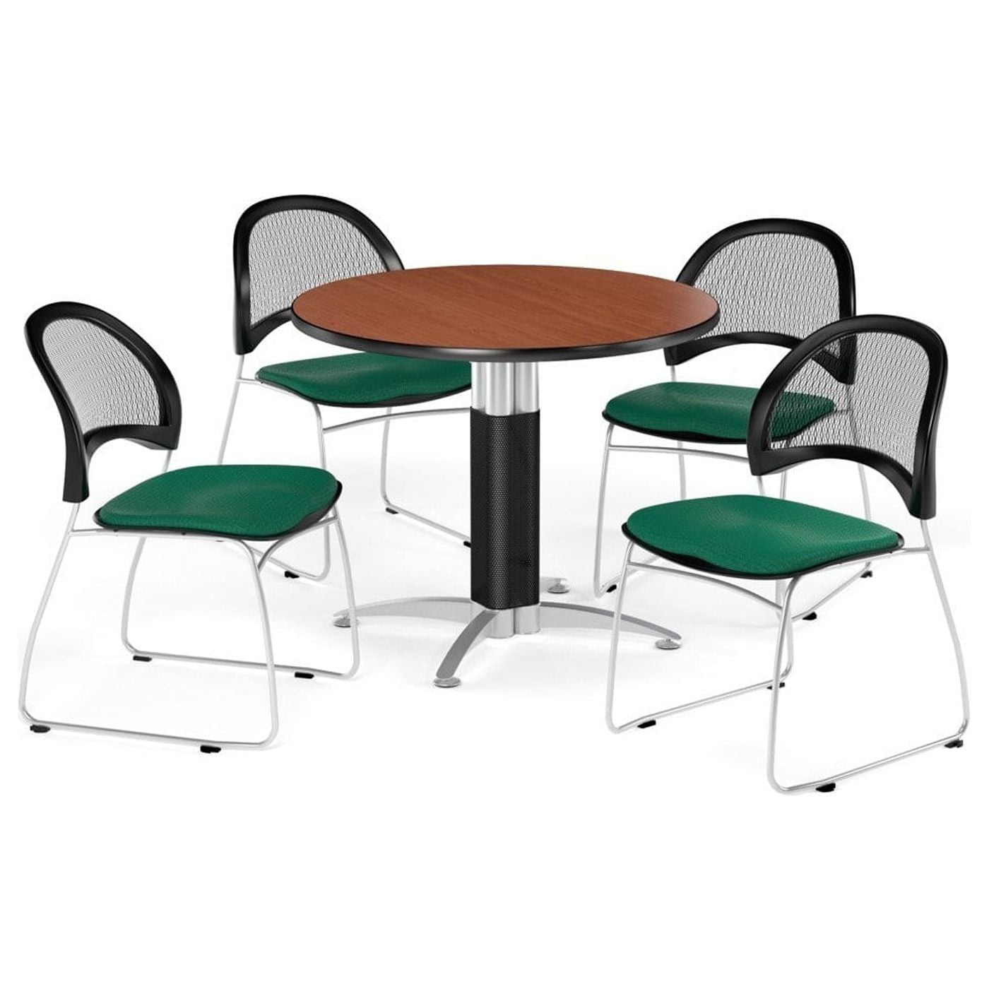 OFM Break Room Package (42" Round Table + Moon Stack Chairs), Metal mesh‑base round table with seating for four, Size 42", Gray Nebula Table & Coral Pink Chairs