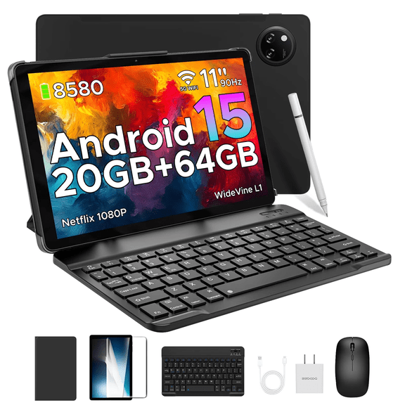 DOOGEE 11 inch Android 15 Tablet with Keyboard, 8580mAh, 20GB 64GB/2TB TF, 13MP 5MP, Dual Speakers, Face ID, 5G WiFi, FM, Widevine L1, Black