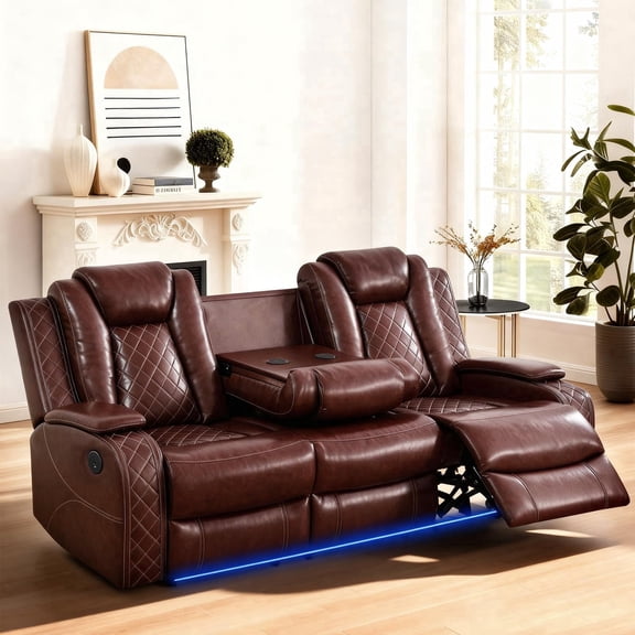 Saxum Tegmen Living Room Furniture Sets, Power Recliner Sofa Set with LED Lights & Armrest Storage, Leather Reclining Sofa for Living Room, Home Theater, and Apartment (3-Seater Sofa, Brown)