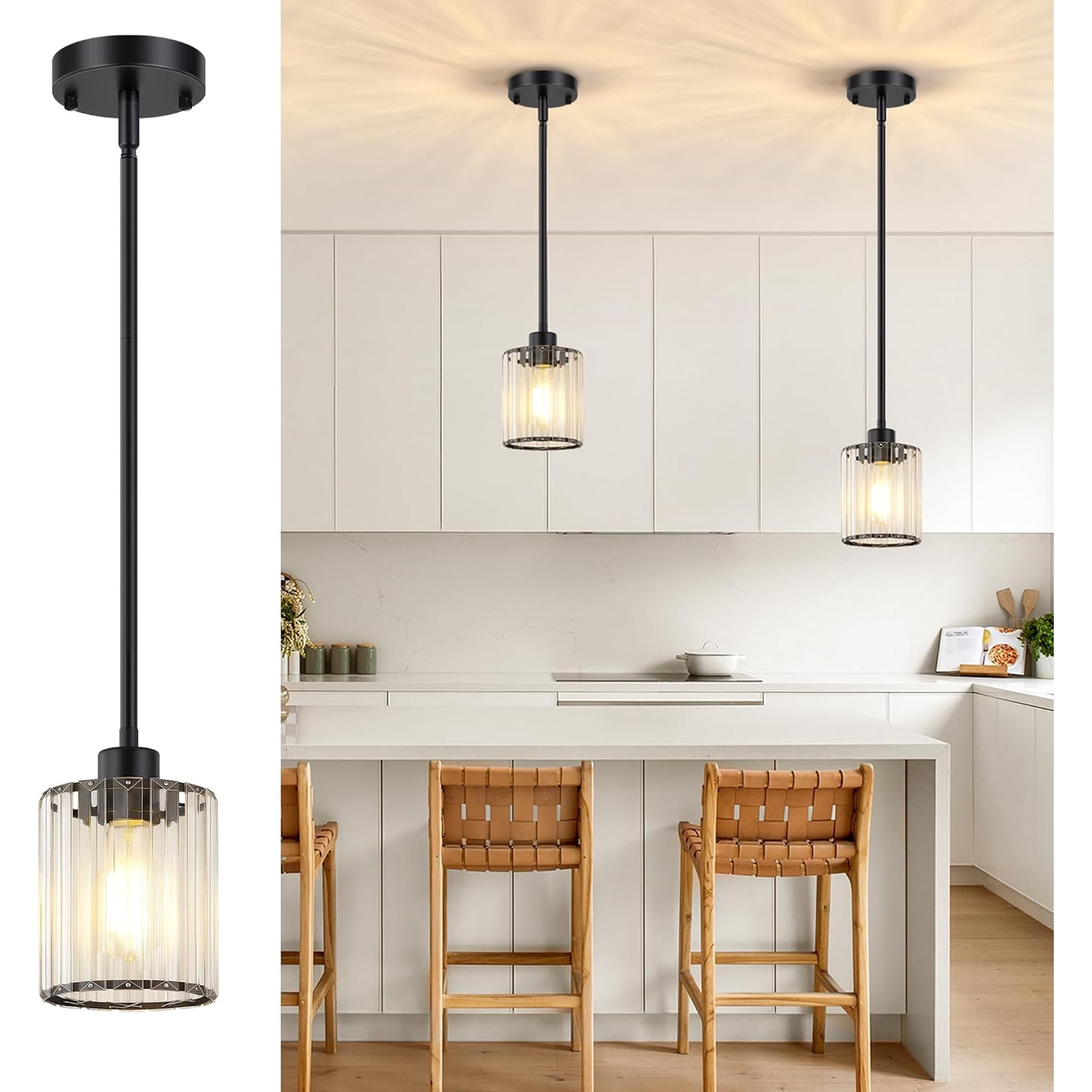 2-Pack Adjustable Kitchen Island Pendant Lights with Clear Crystal Glass Shade Kitchen Pendant Lighting Over Island Adjustable Hanging Ceiling Light Fixtures for Hallway Bathroom Foyer