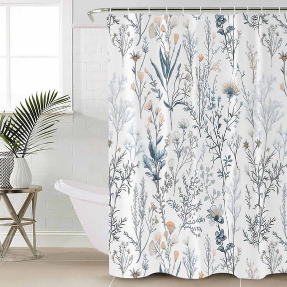 Blue Flower Bathroom Curtain 96 Inch Shower Curtain with Hooks, Watercolor Floral Leaves Spring Botanical Waterproof Polyester Bath Curtain Washable Bathtub Curtain 72''x 96''