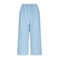 thumbnail image 4 of ZACPNCV Teen Girls Capris Pants Summer Loose Comfy Cotton Linen Straight Wide Leg Drawstring Elastic Waist Solid Cropped Pant Blue 10-11 Years, 4 of 8