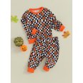 thumbnail image 3 of Wassery 2Pcs Toddler Boys Fall Clothes Baby Halloween Outfits Long Sleeve Pumpkin Checkerboard Print Sweatshirt + Elastic Waist Pants Set 0-3 Years, 3 of 9