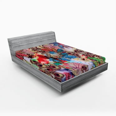 Ambesonne Colorful Fitted Sheet, Peacock Feather Animal, Full Size, Green Blue Red