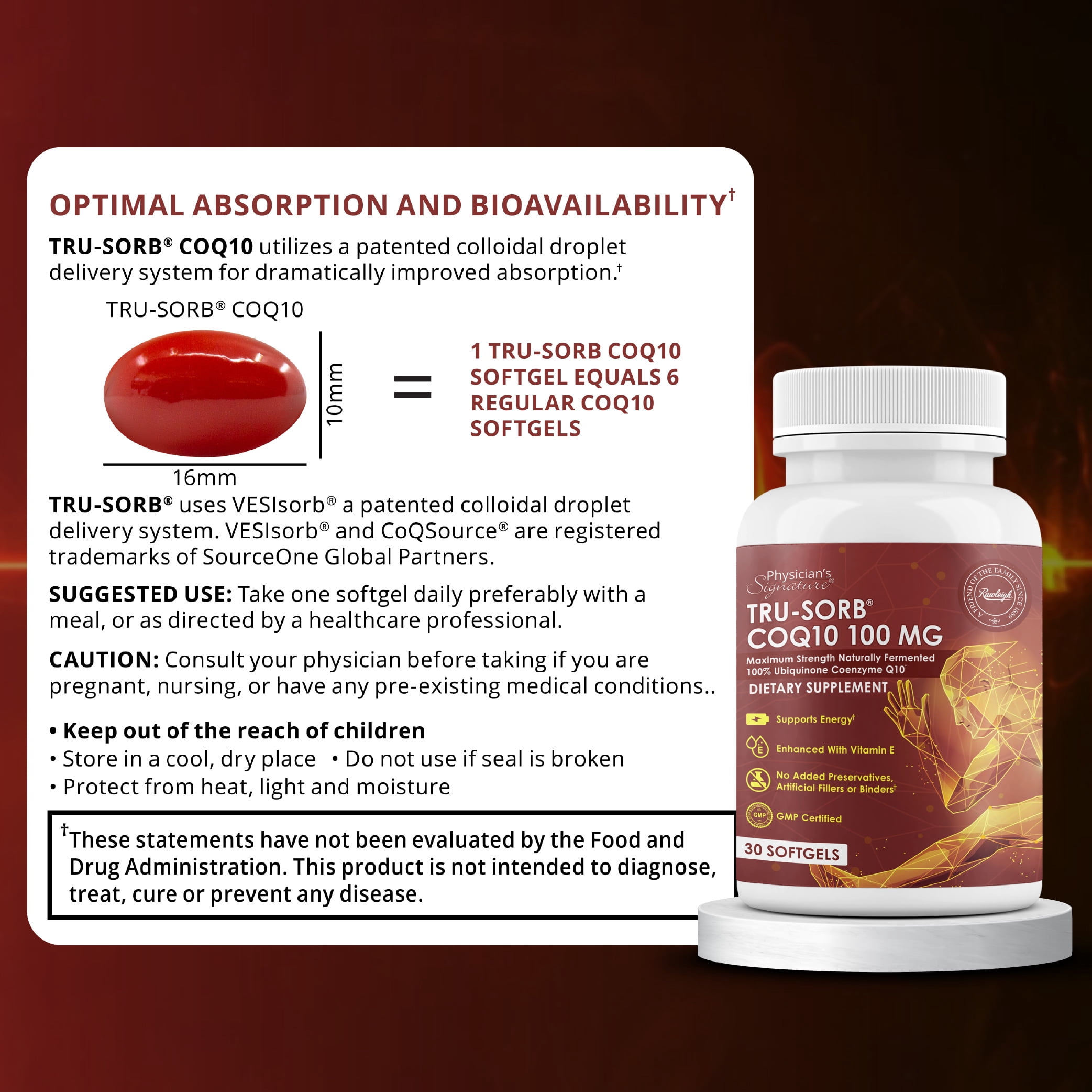 Rawleigh Tru-Sorb COQ10 100mg Softgels Ubiquinone coenzyme Q10 for Hearth Health, 30 Count