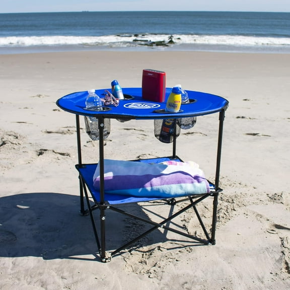 28" Round Lightweight Fabric Portable Folding Beach Table with Cupholders, Blue