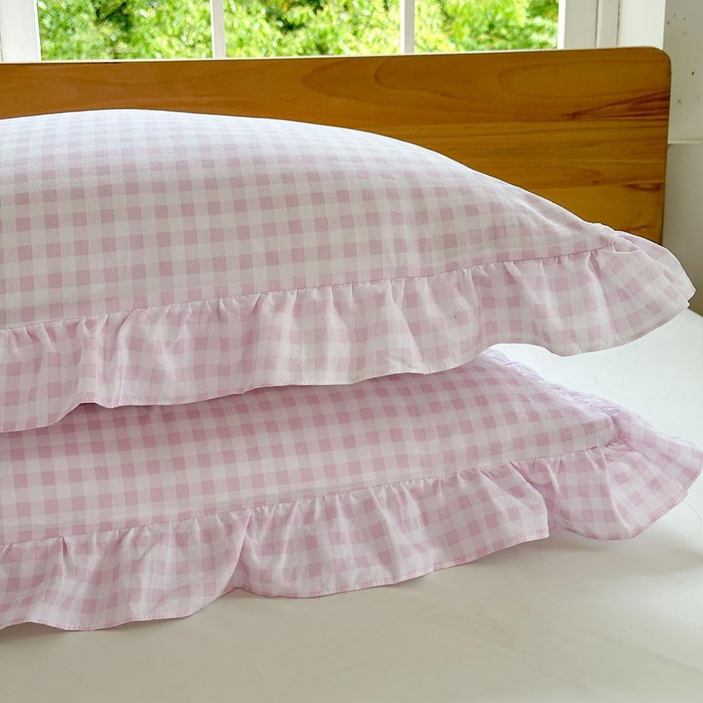 Pink Gingham Ruffle Duvet Cover King Size, 3 Pieces Soft Pre-Washed Microfiber Checked Plaid Comforter Cover Set, Vintage Farmhouse Bedding Set(Pink Gingham, King 104"x90")